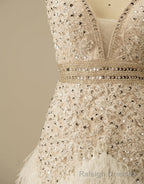 Gorgeous White Spaghetti Straps Beaded Homecoming Dress With Feather