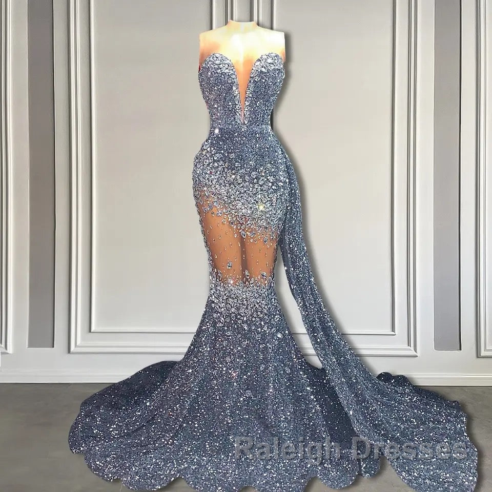 V Neck Sequins Prom Dresses Mermaid Sleeveless Crystal.