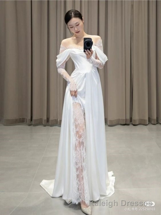 Ivory Lace Satin Wedding Dresses, Off The Shoulder Bridal Dresses