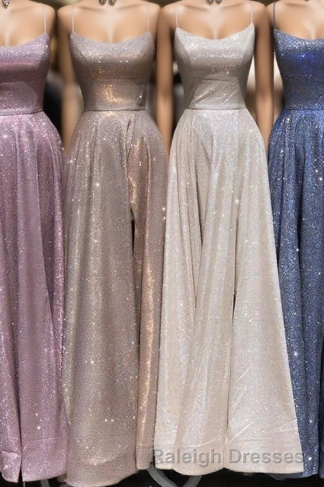 A-Line Sparkle Split Backless Evening Dresses  Long Prom Dresses With Pocket Main image