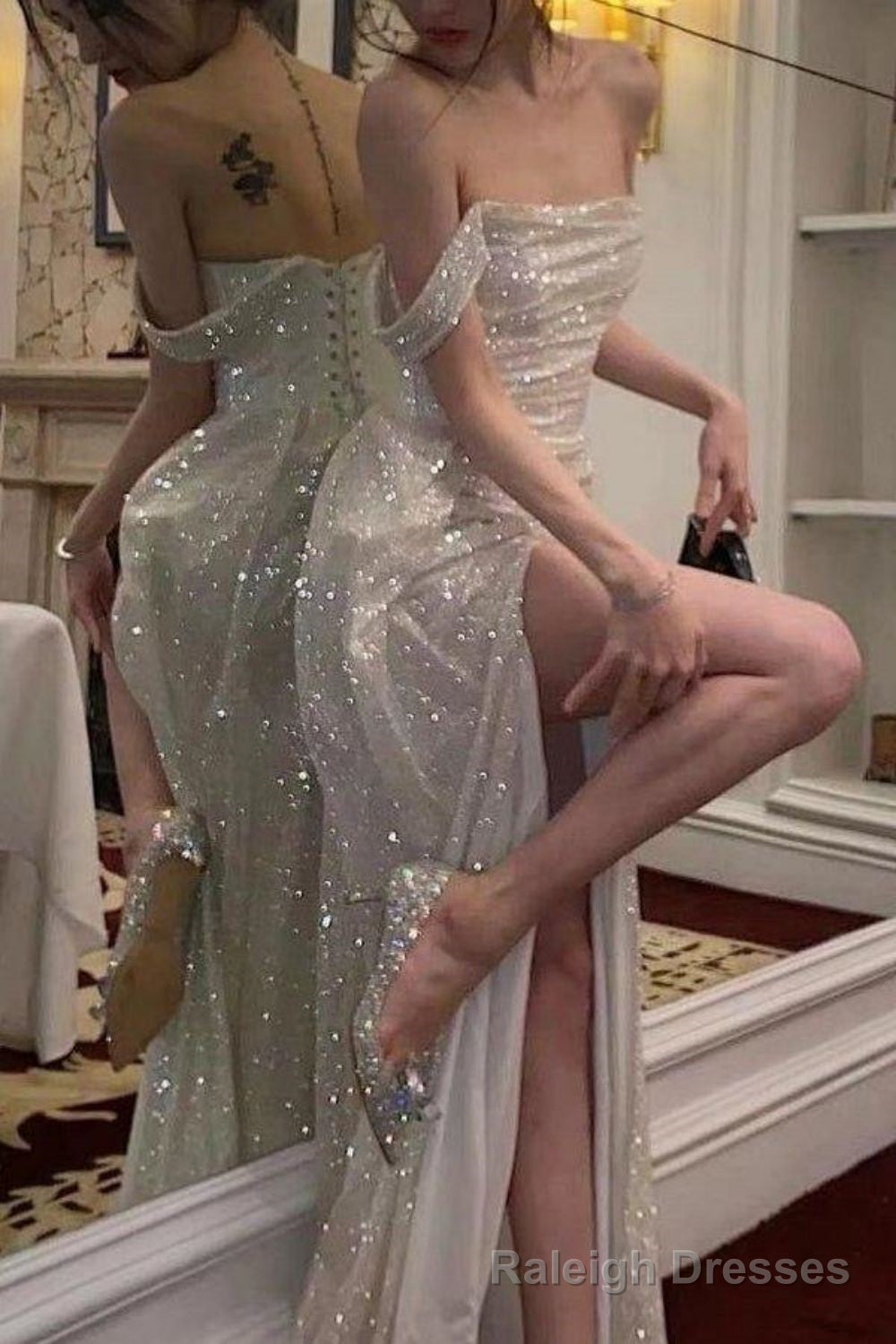 Elegant Mermaid Off the Shoulder Silver Sequins Long Prom Dress with Split Front