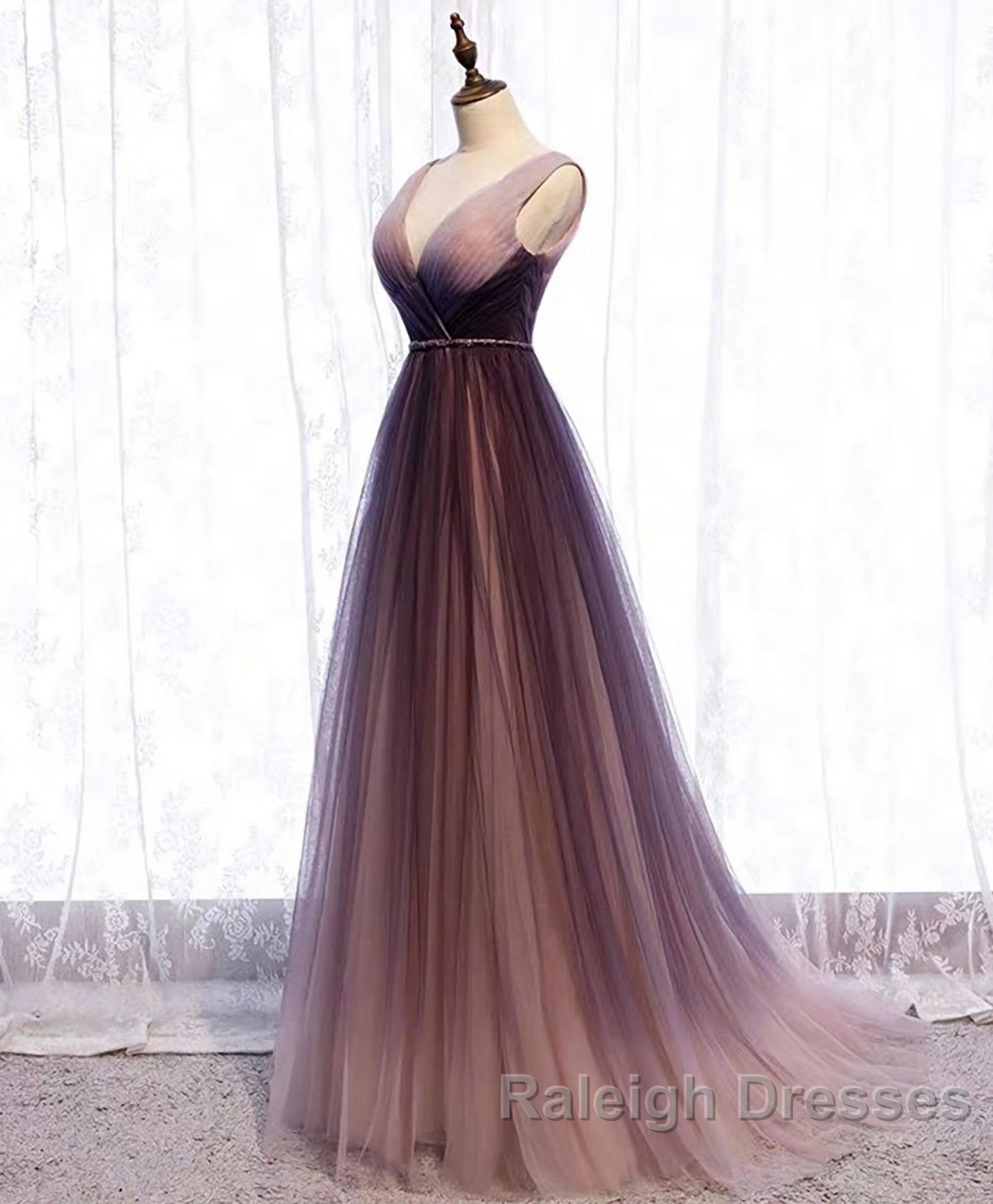 Simple V Neck Tulle Long Prom Dress, Tulle Evening Dress Secondary image