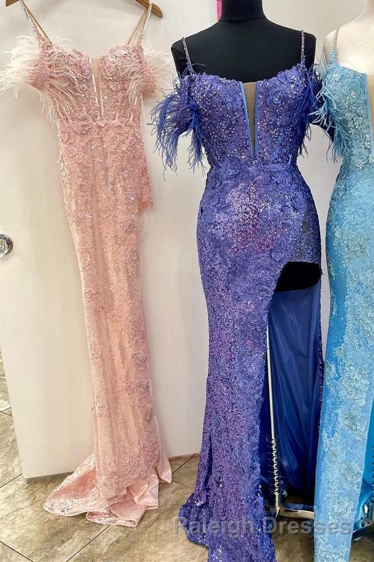 Sequin Feather Cold-Shoulder Mermaid Prom Dresses Long with Slit Secondary image
