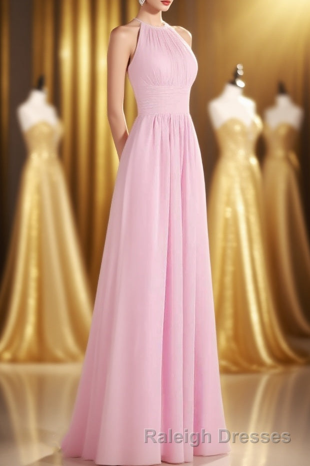 Pink Chiffon Halter Sleeveless A-Line Long Bridesmaid Dress