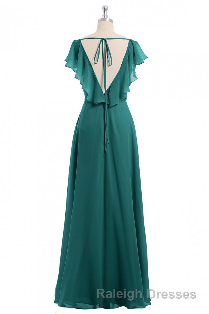 Wine Red Chiffon Backless Ruffled Sleeve Long Bridesmaid Dress