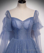 Blue Tulle Sweetheart Long Prom Dress, Blue Tulle Formal Dress