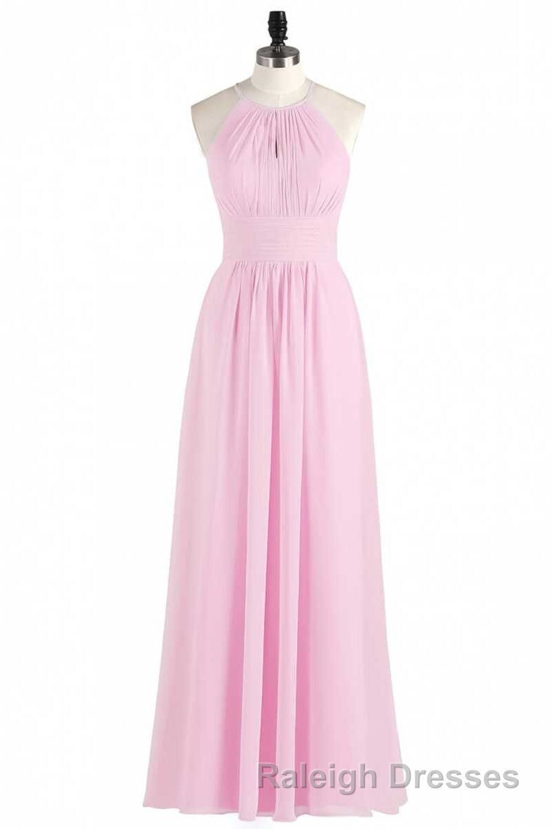 Pink Chiffon Halter Sleeveless A-Line Long Bridesmaid Dress