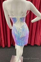 White Iridescent Sequin Lace-Up Back Homecoming Dress