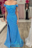 Blue Sequin Off-the-Shoulder Mermaid Long Prom Dress with Slit