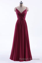 Wine Red Chiffon A Line Long Pleated Bridesmaid Dresses