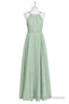 Sage Green Chiffon Halter A-Line Long Bridesmaid Dress