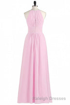 Pink Chiffon Halter Sleeveless A Line Long Bridesmaid Dresses