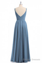 Simple Dusty Blue V-Neck Backless A-Line Long Bridesmaid Dress