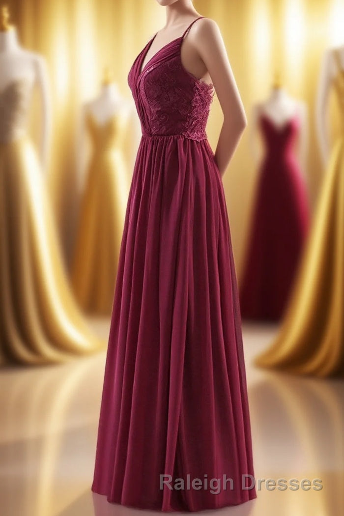 Wine Red Chiffon A-line Long Pleated Bridesmaid Dress Main image