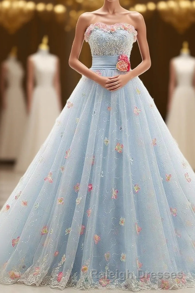 Charming Light Blue Tulle Sweetheart Ball Gown Court Train Wedding Dresses