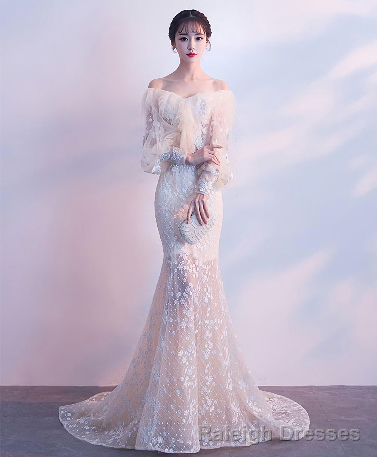 Champagne Tulle Lace Mermaid Long Prom Dress Tulle Lace Prom Dress Main image