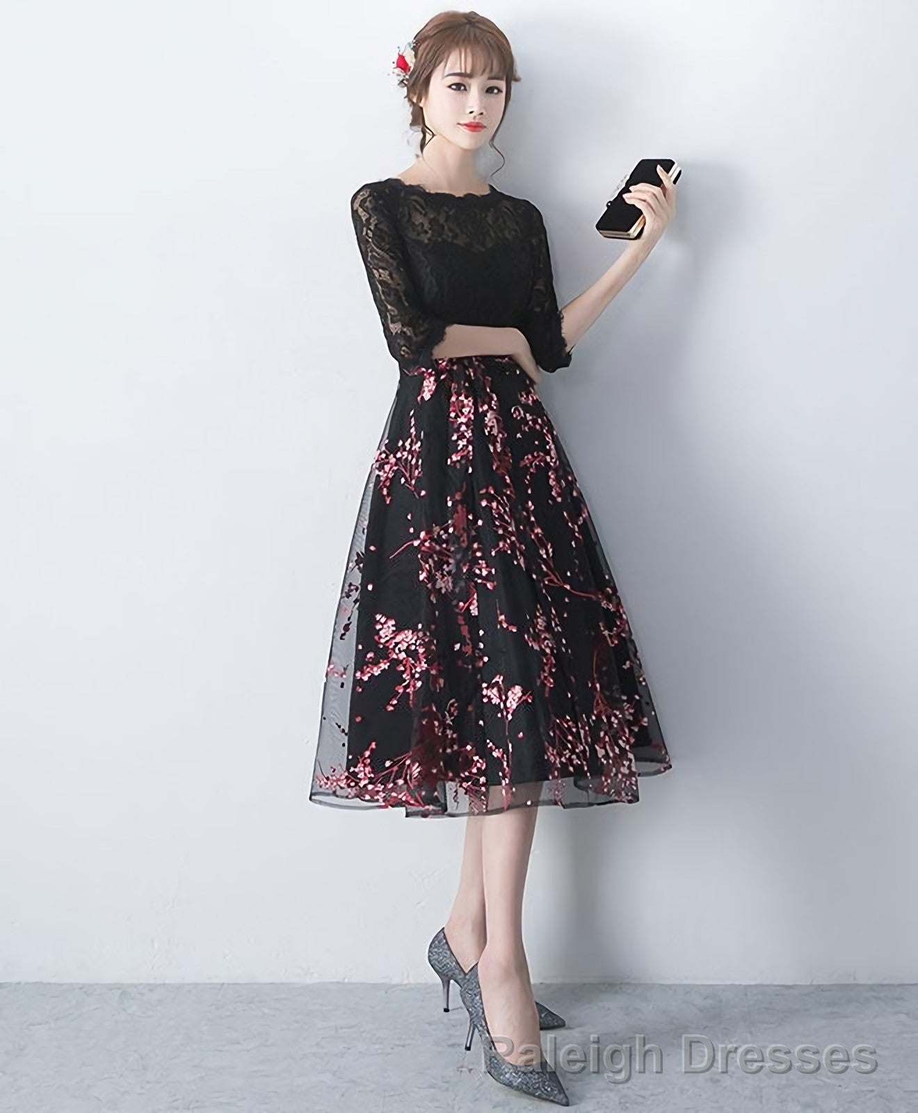 Black Lace Tulle Short Prom Dress Black Lace Bridesmaid Dress