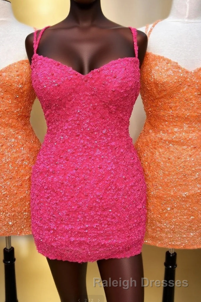 Orange Sequins Double Straps Sheath Homecoming Dress