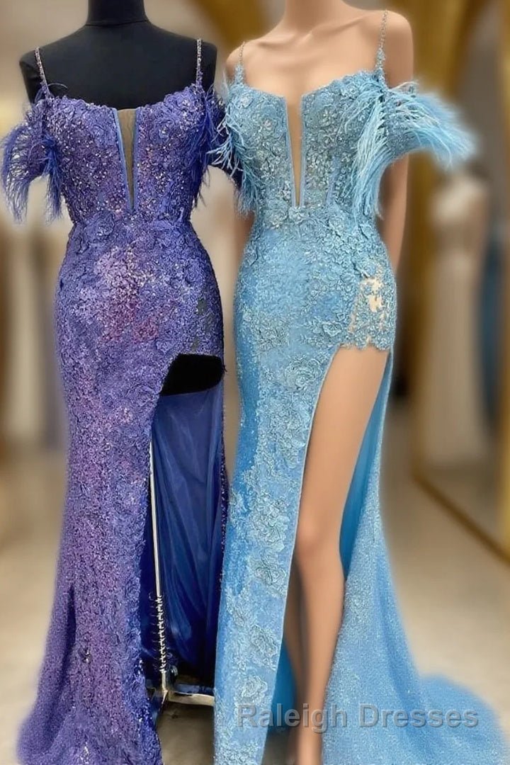 Sequin Feather Cold-Shoulder Mermaid Long Prom Dress with Slit