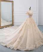 Champagne Off Shoulder Tulle Lace Long Wedding Dress, Wedding Gown