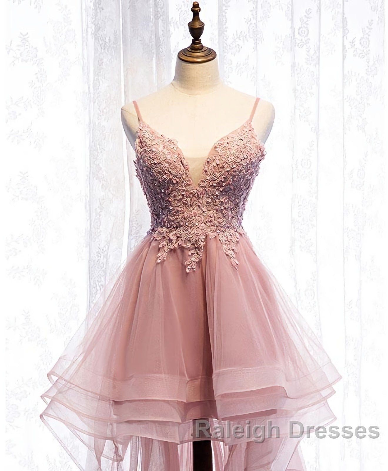 Pink Tulle Lace High Low Prom Dress, Pink Homecoming Dress, 1