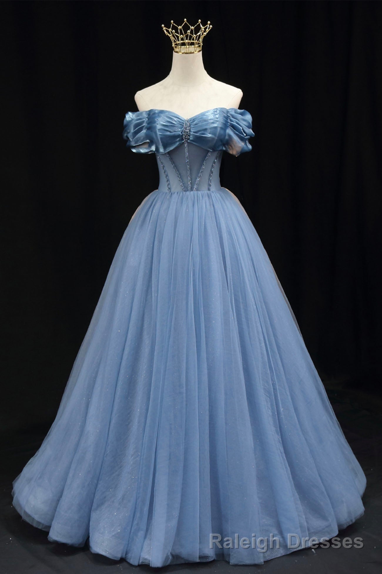 Blue Tulle Beaded Long Prom Dress, Elegant A-Line Blue Evening Dress Secondary image