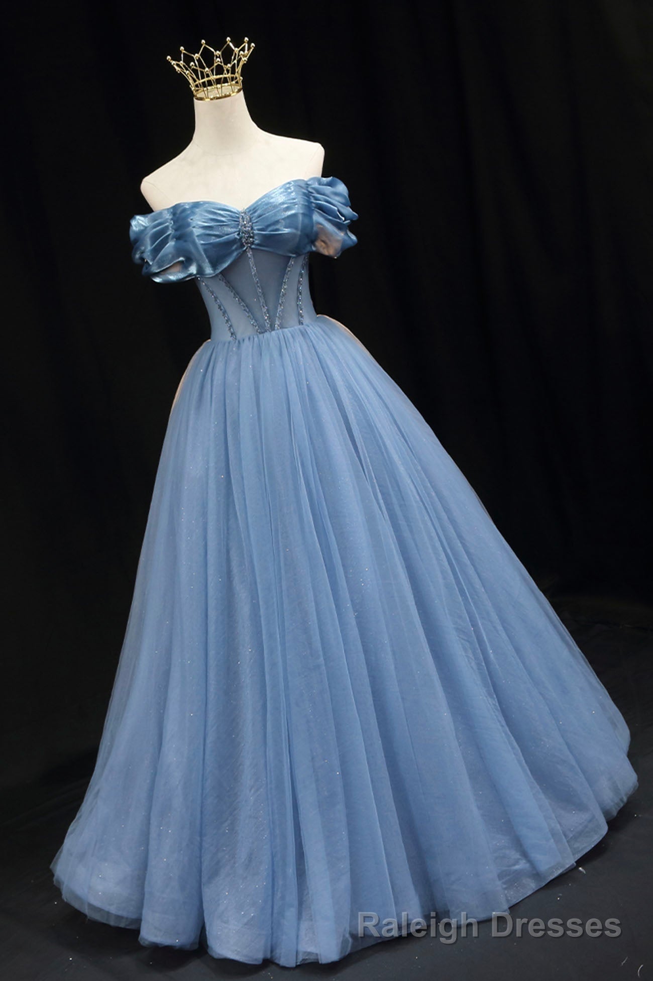 Blue Tulle Beaded Long Prom Dress, Elegant A-Line Blue Evening Dress Main image