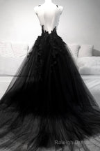 Black V Neck Tulle Lace Long Prom Dresses, Black A Line Prom Dresses