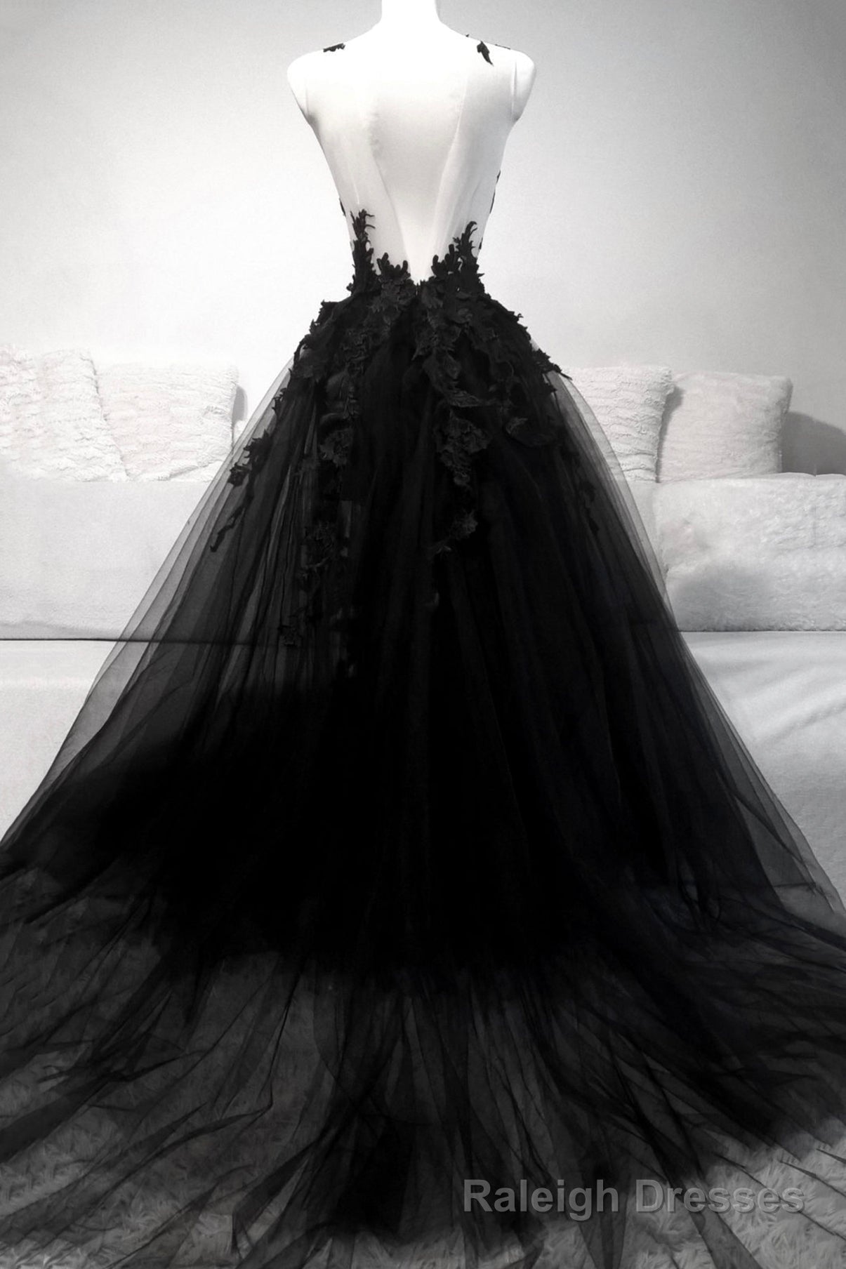 Black V-Neck Tulle Lace Long Prom Dresses, Black A-Line Evening Dresses Secondary image