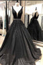 2026 Cheap Black V Neck Beaded Tulle Prom Dresses