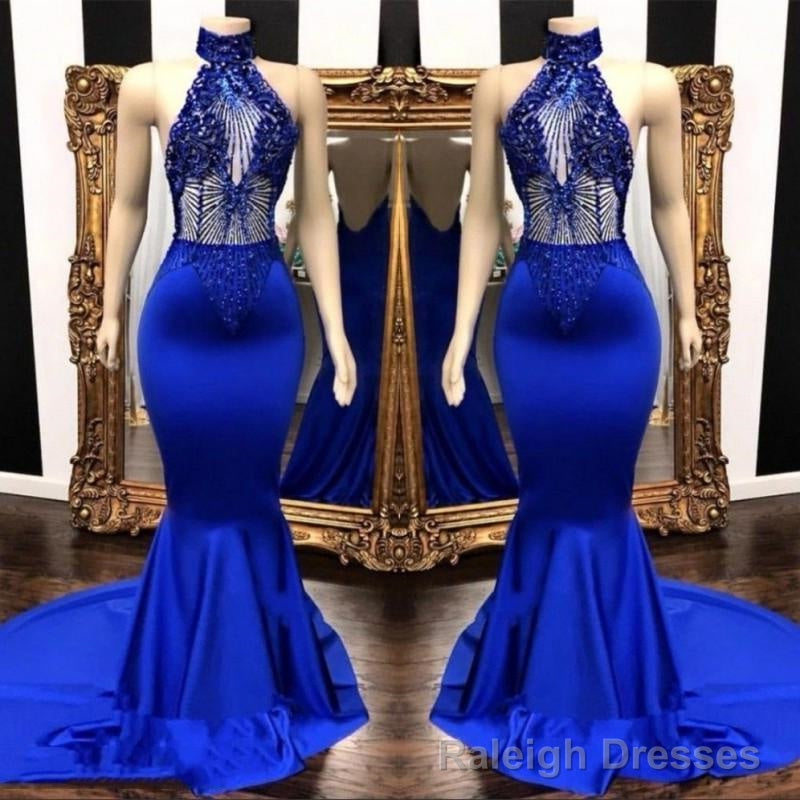 2025 High Neck Beaded Mermaid Royal Blue Prom Dresses
