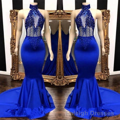 2025 High Neck Beaded Mermaid Royal Blue Prom Dresses