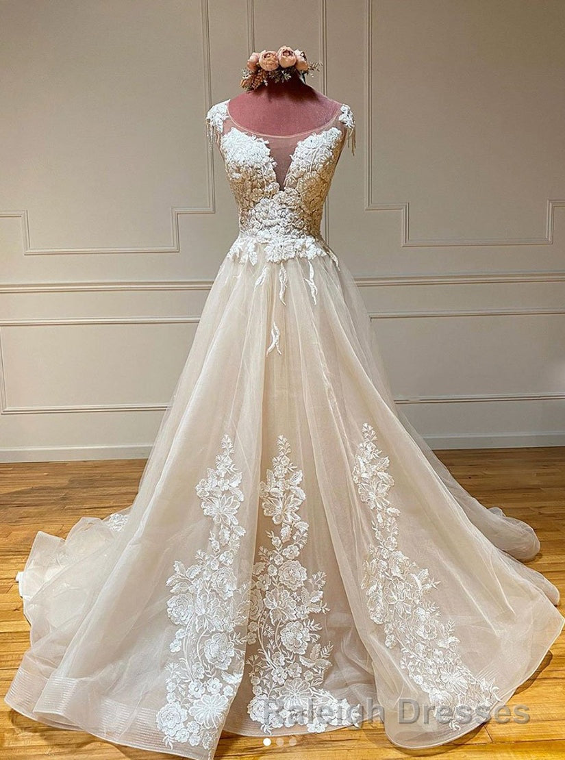 Champagne Sleeveless Round Neck Tulle Lace Long Prom Dresses Secondary image