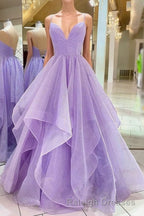 Purple V Neck Sleeveless A Line Tulle Sequin Prom Dresses