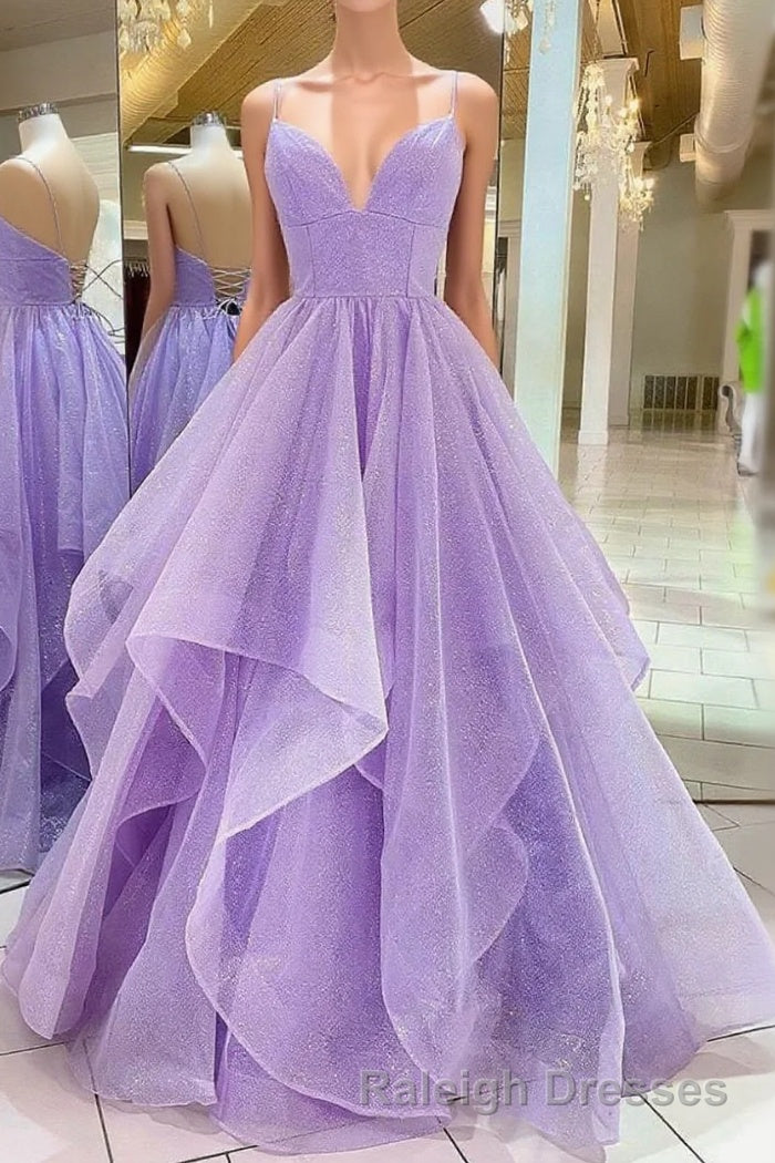 Purple V Neck Sleeveless A Line Tulle Sequin Prom Dresses
