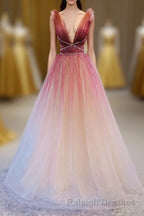 A-Line Burgundy V Neck Tulle Sequin Long Prom Dress Burgundy Evening Dress