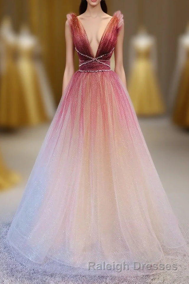 A-Line Burgundy V Neck Tulle Sequin Long Prom Dress Burgundy Evening Dress