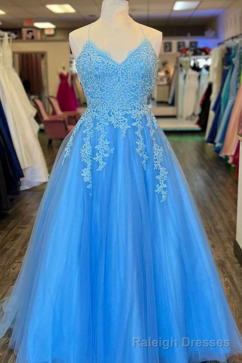 Blue Tulle Appliques Lace-Up Back A-Line Prom Dress Main image
