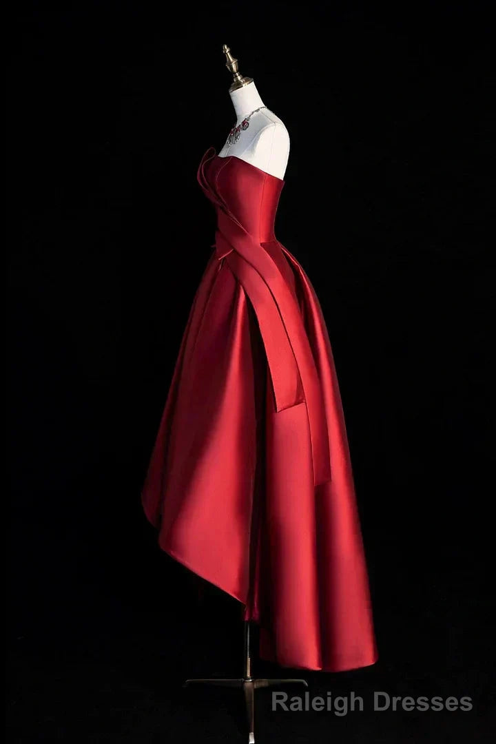Burgundy Strapless Satin Party Dress, A-Line High Low Evening Dress Secondary image