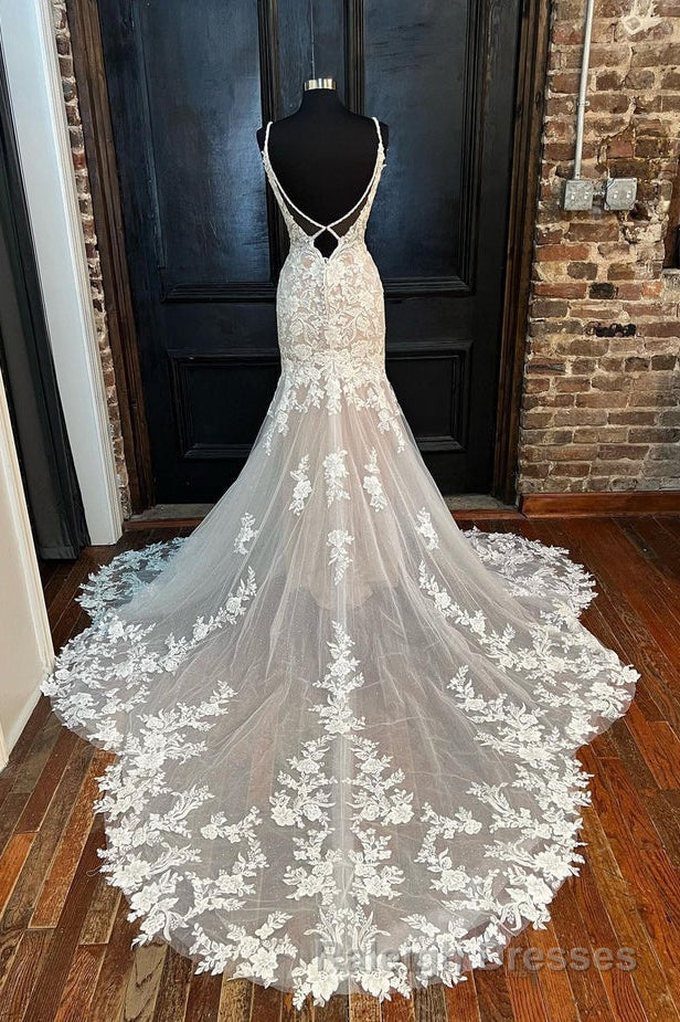 Elegant V Neck Mermaid Lace Appliques Wedding Dresses Secondary image