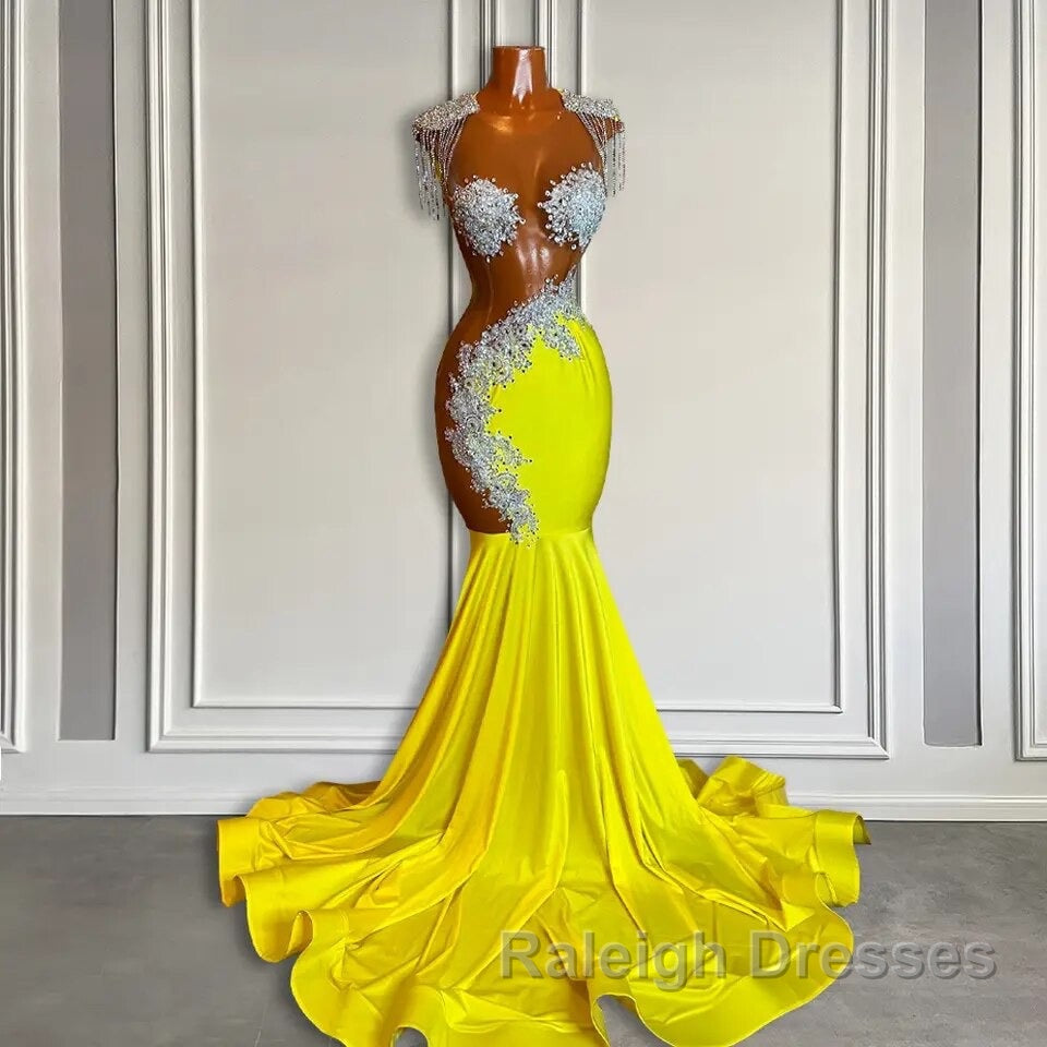 Yellow Scoop Prom Dress with Beadings and Tassels - Mermaid Long Secondary image