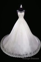 2025 A Line Wedding Dresses, Scoop Tulle With Applique And Beads Lace Up