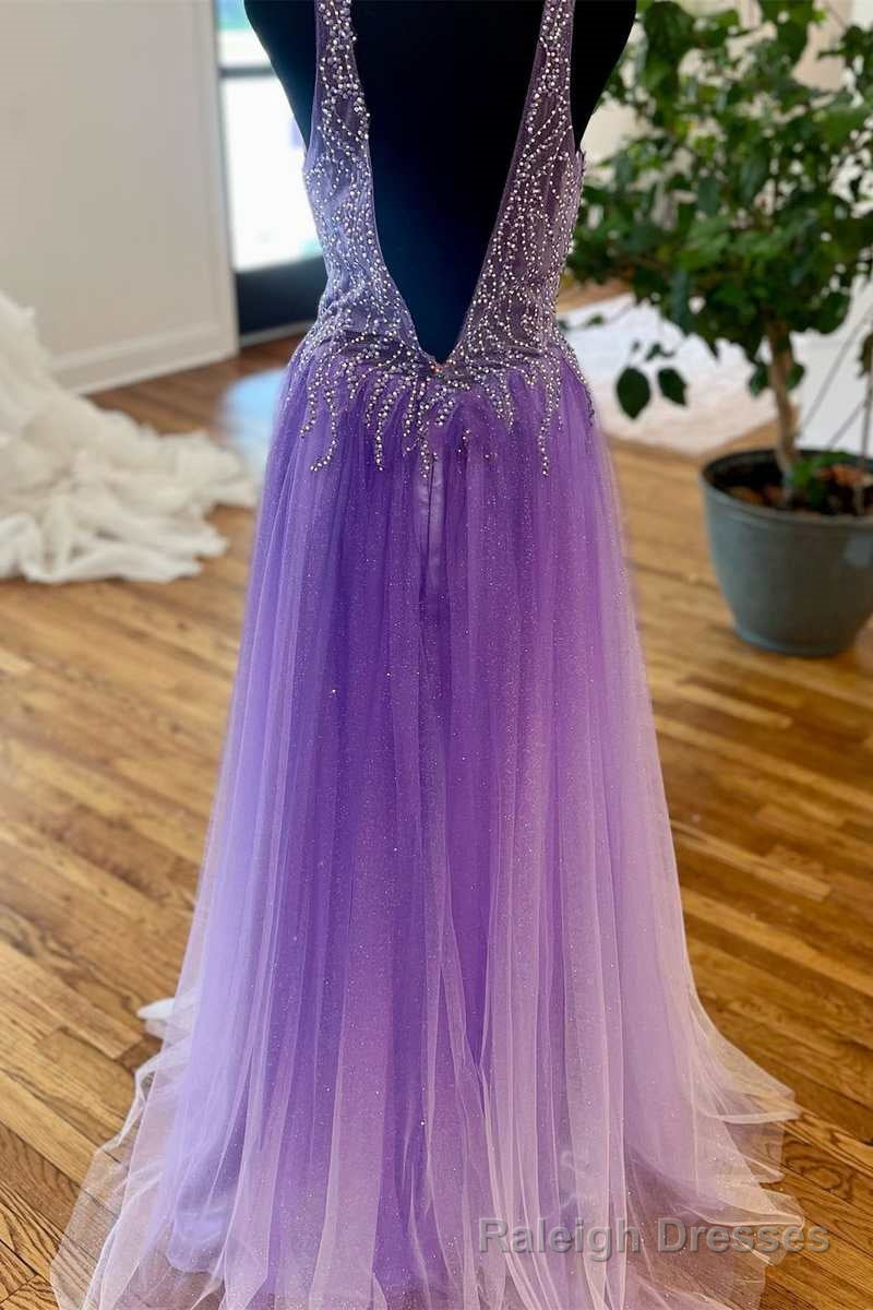 Purple Beaded Plunge Neck Long Prom Dress with Slit Secondary image