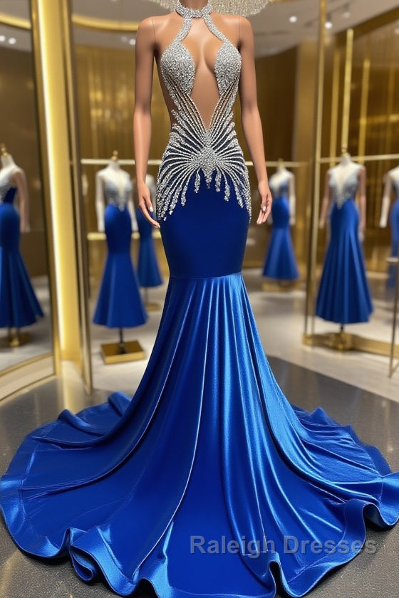 Royal Blue Halter Sleeveless Mermaid Prom Dresses With Beadings Velvet Main image