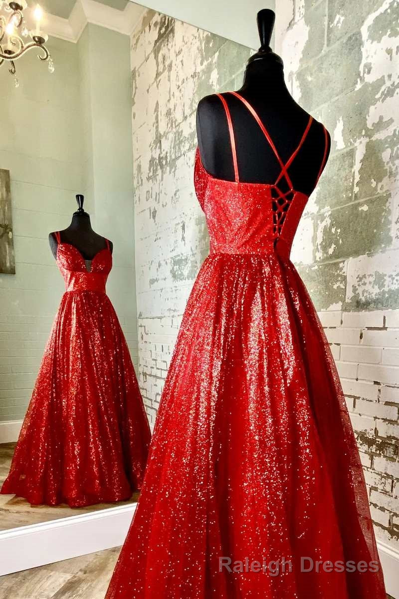 A-Line Red Sequin Lace-Up Long Prom Dress Secondary image