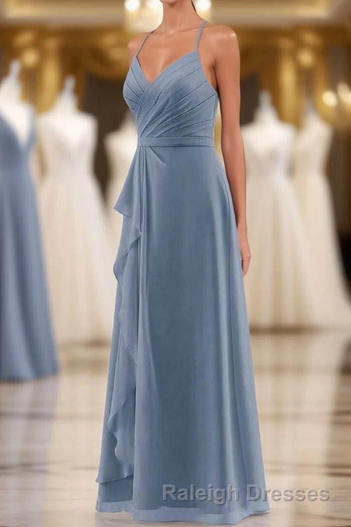Dusty Blue Chiffon Halter Backless Ruffled Long Bridesmaid Dress Main image