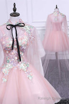 Two-Piece Pink Appliques Straps A Line Short Prom Dress