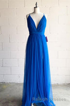 A Line V Neck Pleated Tulle Long Bridesmaid Dresses with Slit