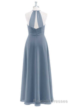 Dusty Blue Chiffon Halter Backless Ruffled Long Bridesmaid Dress
