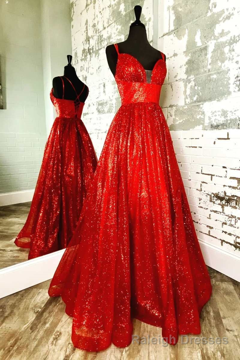 A Line Red Sequin Lace-Up Long Prom Dress Main image